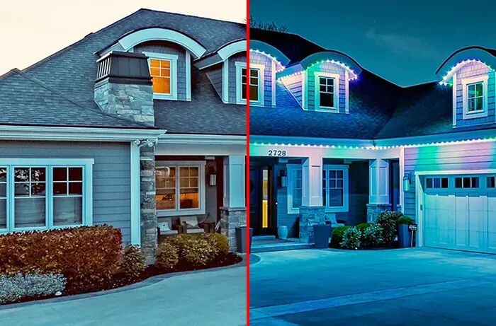 Home with dormers: by day on the left, permanent lights on at night on the right